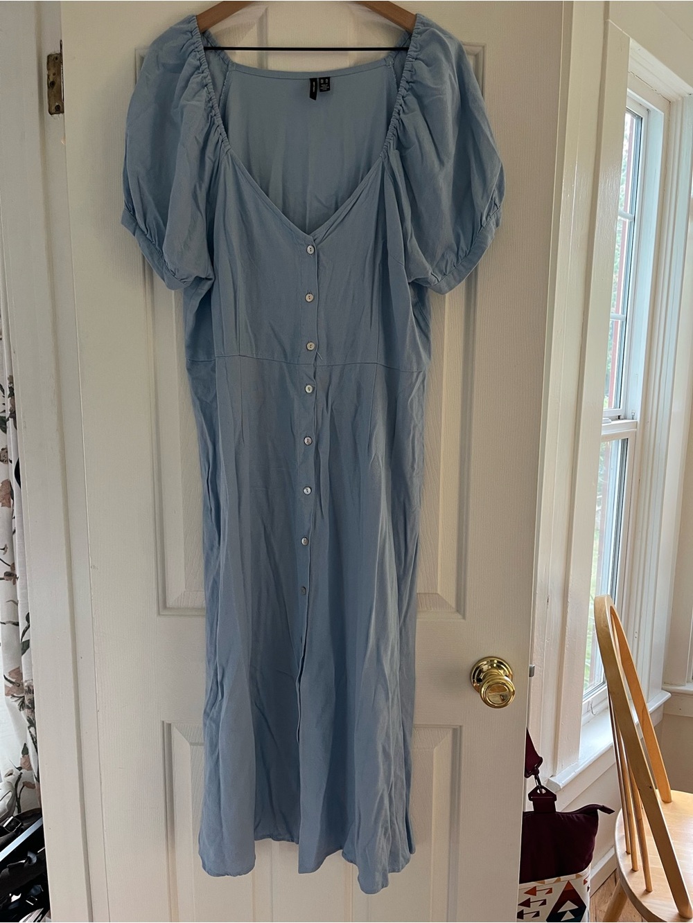 Vero Moda Light Blue Button-Down Midi Dress with Puff Sleeves